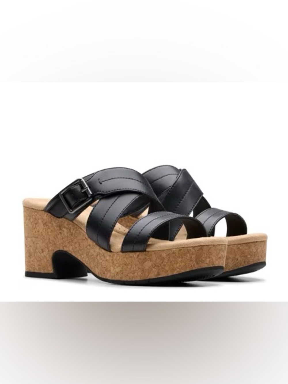 NWT! CLARKS NERISA HOLLY Comfort Platform Black Leather Cork Slide Sandals Sz. 9